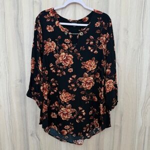 Torrid Womens Floral Blouse Size 3X Black Chain Neckline Dark Romantic Feminine‎